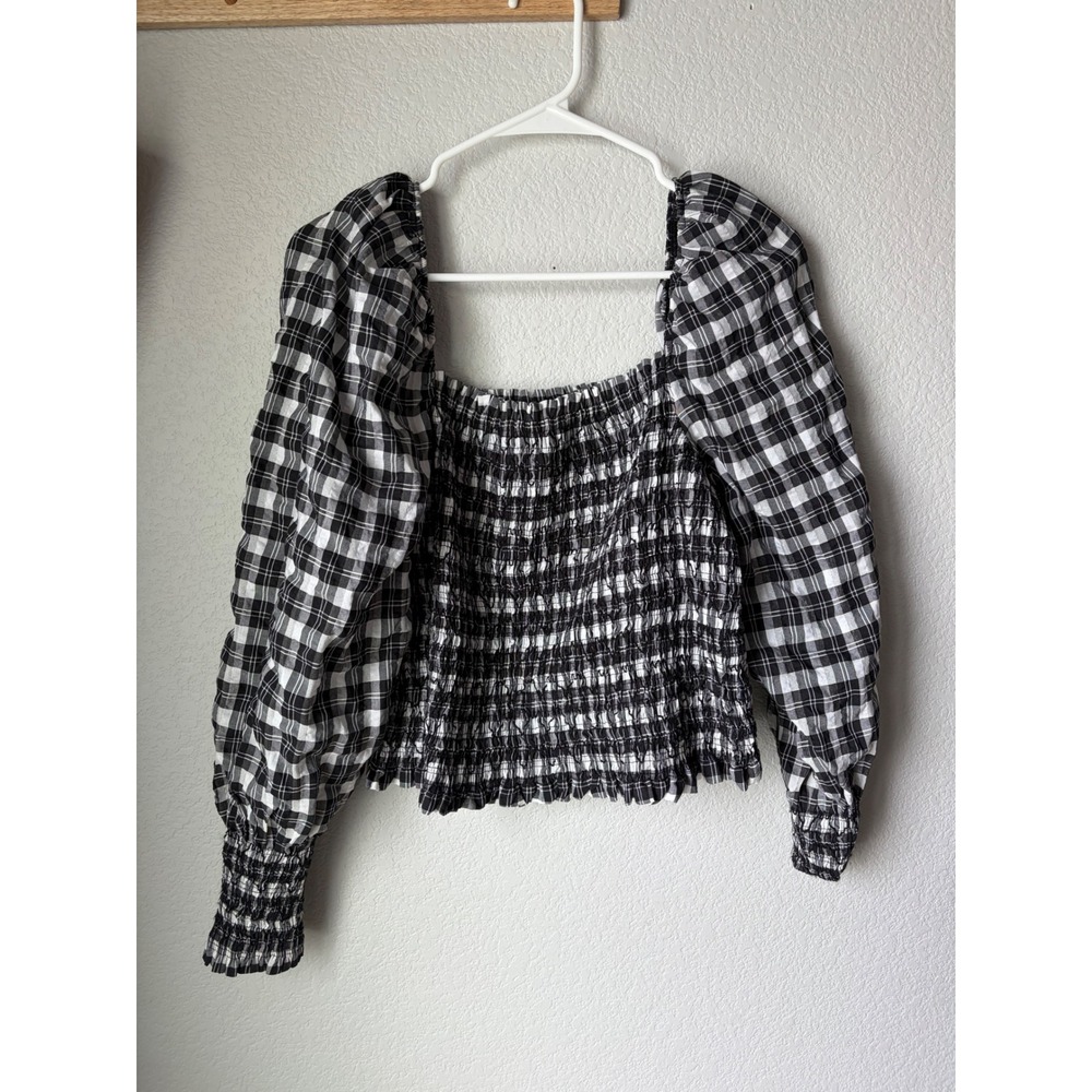 HM Gingham Smocked Puff Sleeve Top Black White Plaid Square Neck Crop Blouse L
